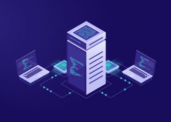 Big data processing concept, server room, blockchain technology token access, data center and database, network connection isometric illustration vector neon dark